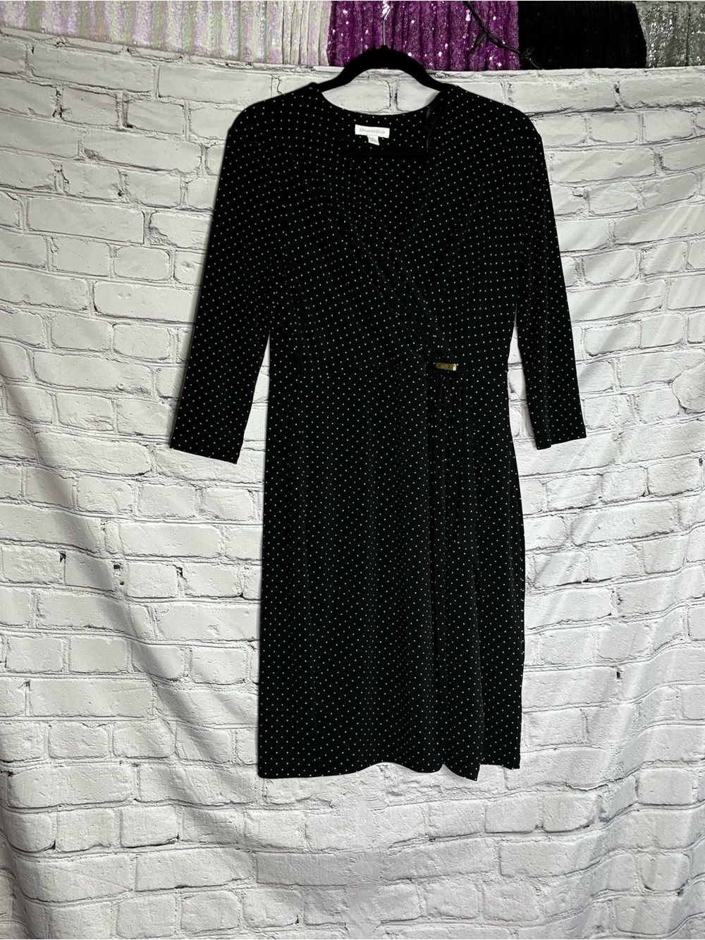 Charter Club Women’s Petite Polka Dot Faux-Wrap Midi Dress 3/4 Sleeve Black Sz M